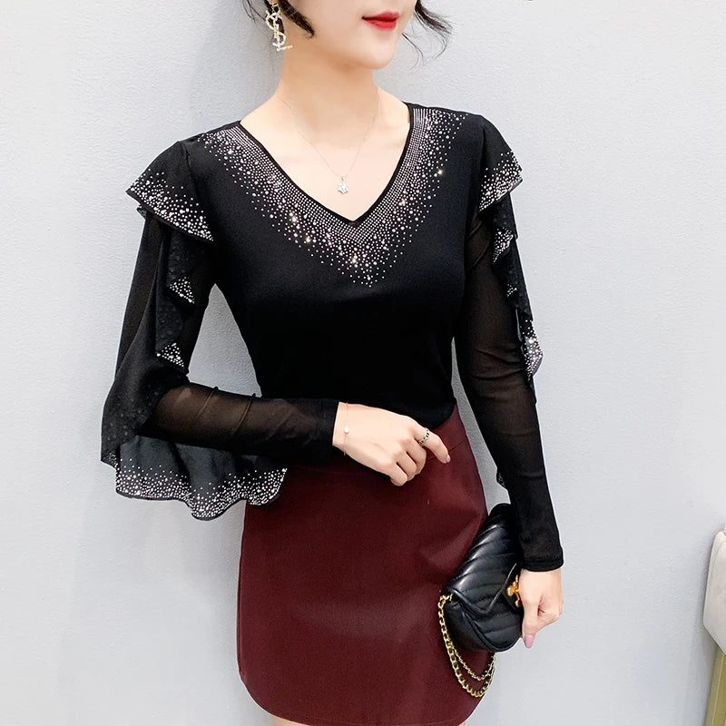2025 Autumn Women’s Mesh Top – Korean Round Neck Ruffles & Diamond Detail Long Sleeve T-Shirt 🍂✨