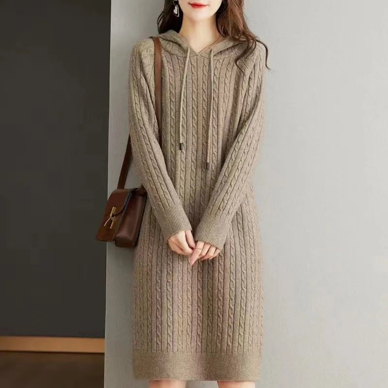 Autumn Winter Women’s Thickened Hooded Sweater Dress – Loose Long Sleeve Knitted Dress for Warm Comfort