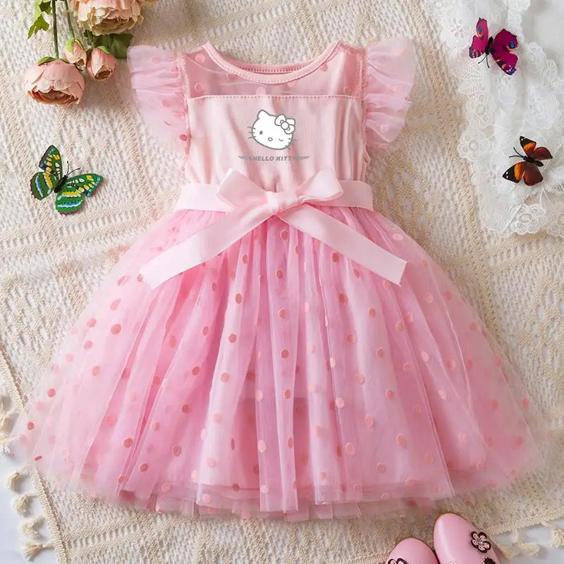 Hello Kitty Summer Kids Girls  Ruffles Sleeves Elegant Princess Mesh Dresses Girls Birthday Party Casual Sweet Dresses 2-6Y