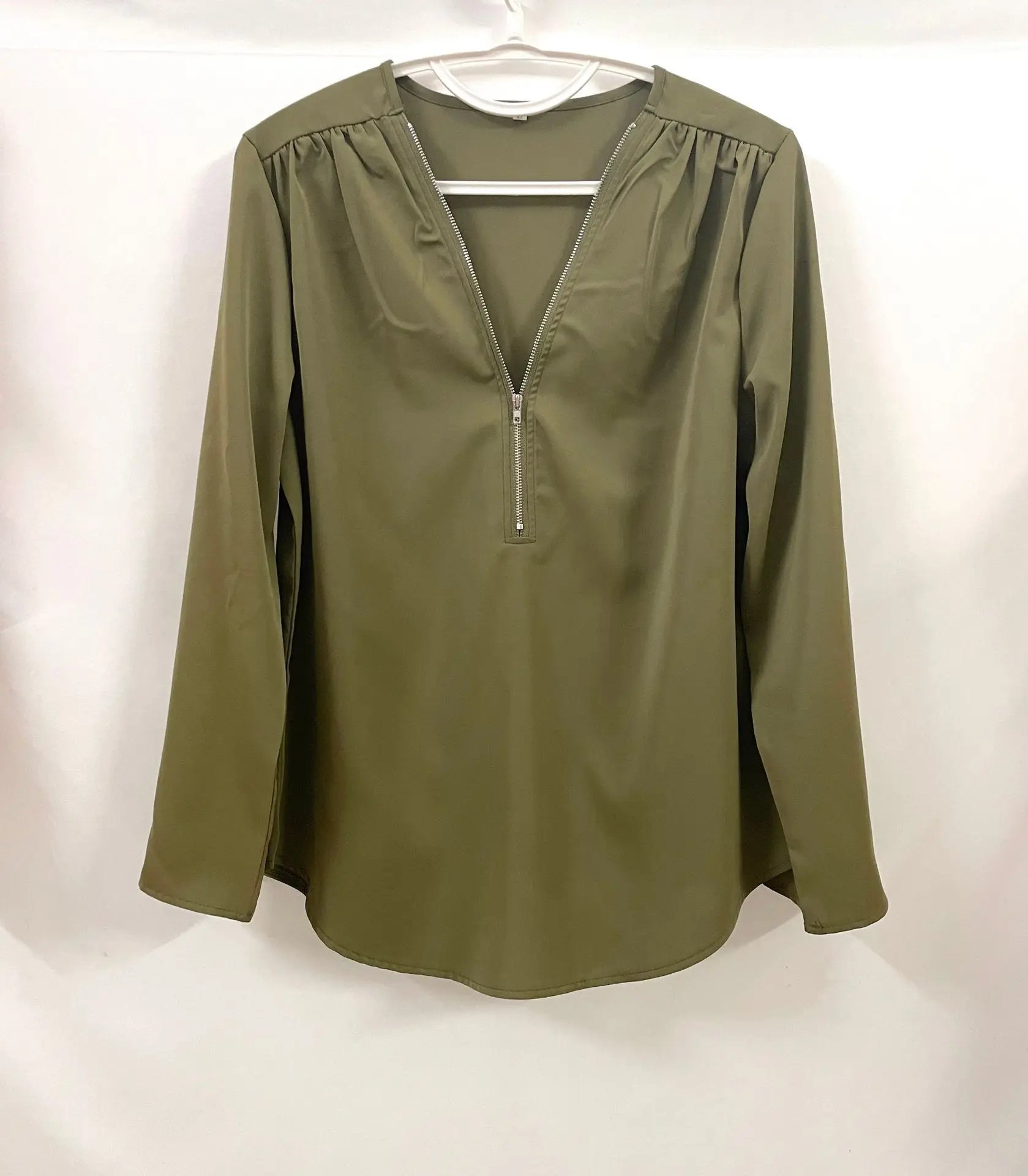 Summer Women’s Chiffon Blouse | Deep V-Neck Zipper Tops | Casual Loose Long Sleeve Plus Size Shirt