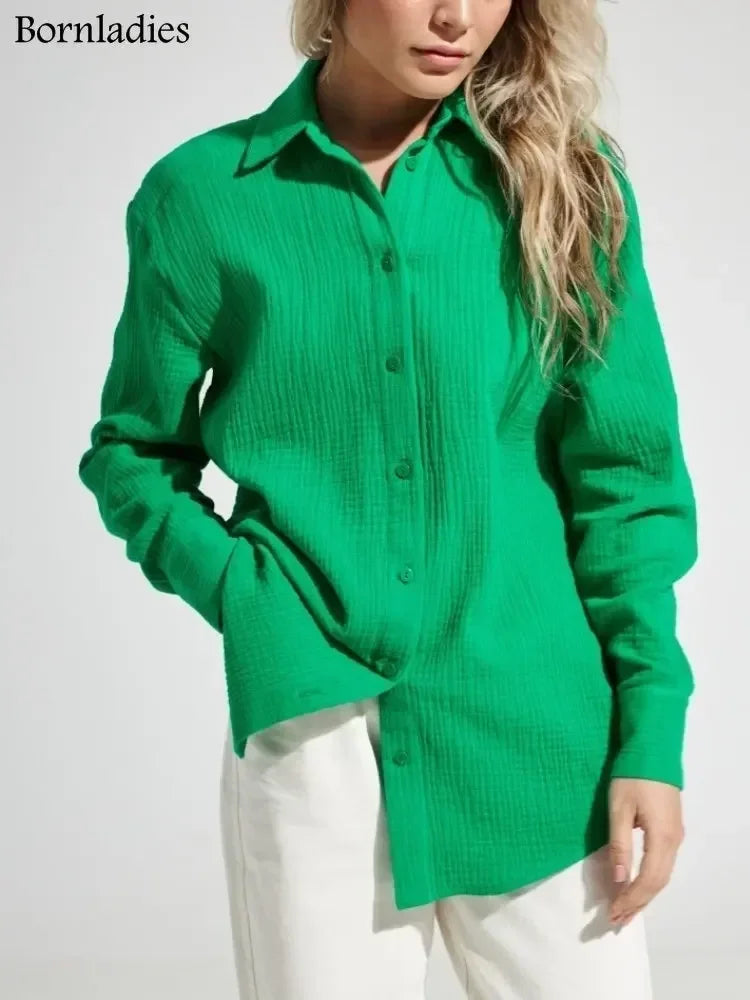 Bornladies 2025 Women’s Cotton Shirt – Solid Long Sleeve Loose Office Top 👚☀️