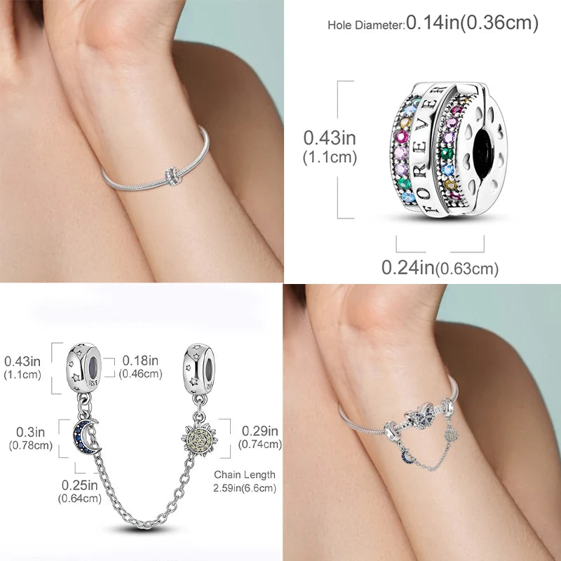 925 Sterling Silver Safety Chain & Clip Charms – CZ Pave Round Beads Fit Pandora Bracelet DIY Jewelry Making