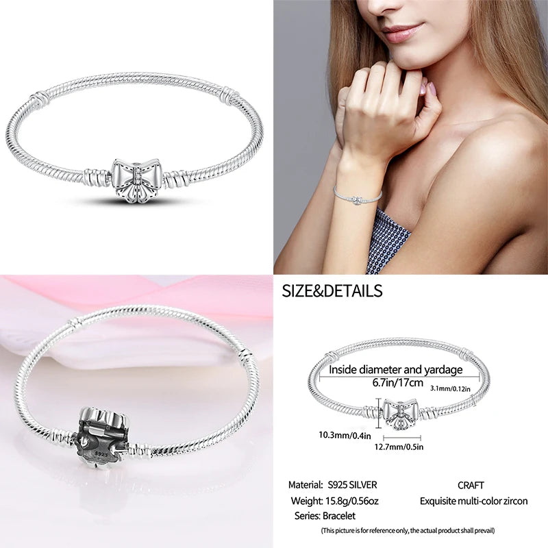 925 Sterling Silver Heart Moon Sun Clasp Charm Bracelet | 17–20CM Original Bracelet for Women | Fits Pandora DIY Beads Jewelry