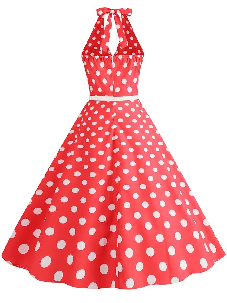 Women’s Vintage Halter Party Dress – Summer Polka Dot Midi Cocktail Prom Elegant Dress