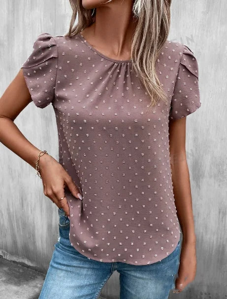 Swiss Dot Crew Neck Blouse – Casual Petal Sleeve Top for Spring & Summer Women 🌿✨