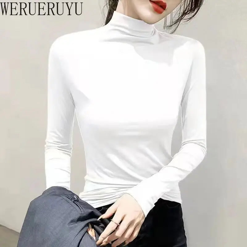 2024 Women’s Black Turtleneck Long Sleeve T-Shirt | Elegant Modal Y2K Korean Fashion Top for Autumn & Winter