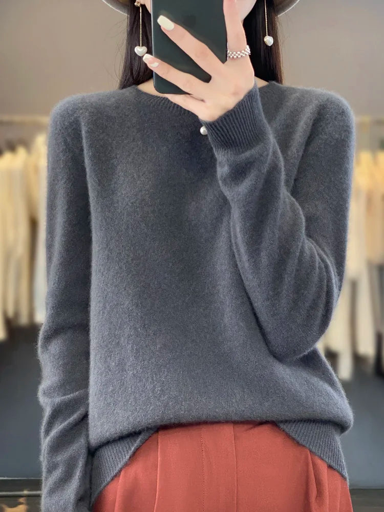 Women’s 100% Merino Wool O-Neck Cashmere Sweater – Autumn & Winter Casual Knitted Pullover 🍂🧶