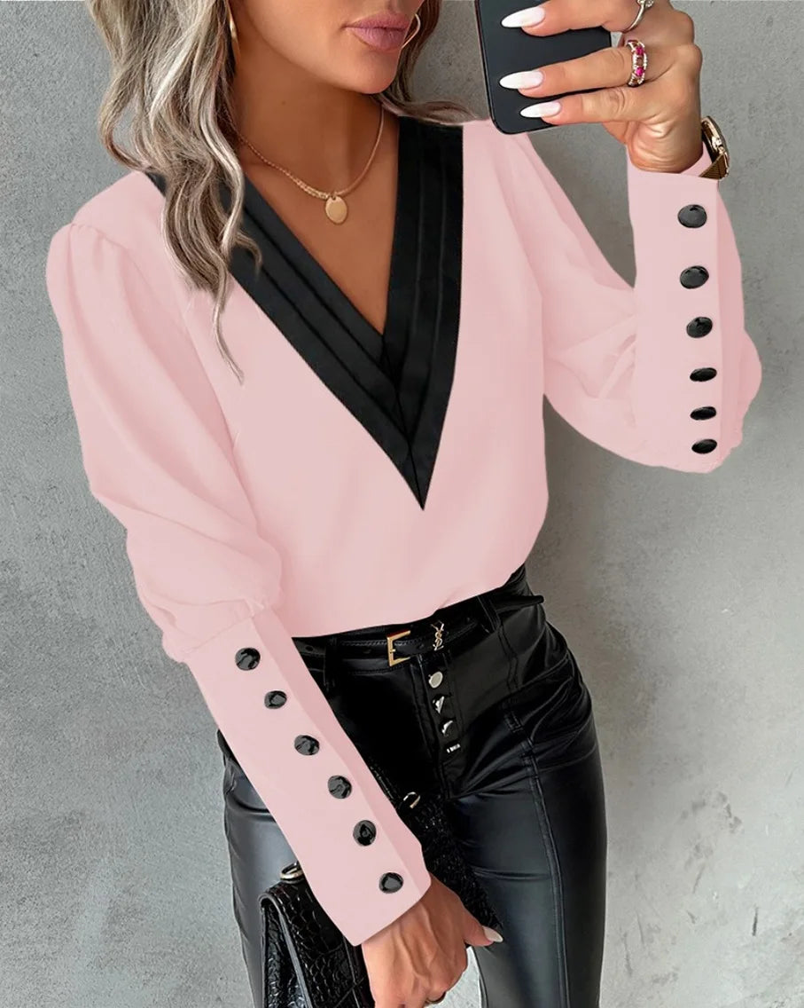 Office Ladies V-Neck Button Shirt – Spring Autumn 2024 Fashion Long Sleeve Blouse for Women