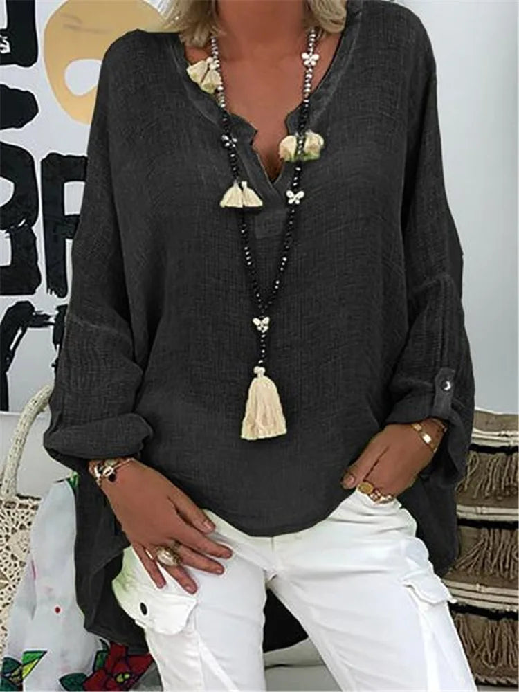 Women’s Loose V-Neck Long Sleeve Blouse | 6-Color Casual Solid Top for Spring & Autumn