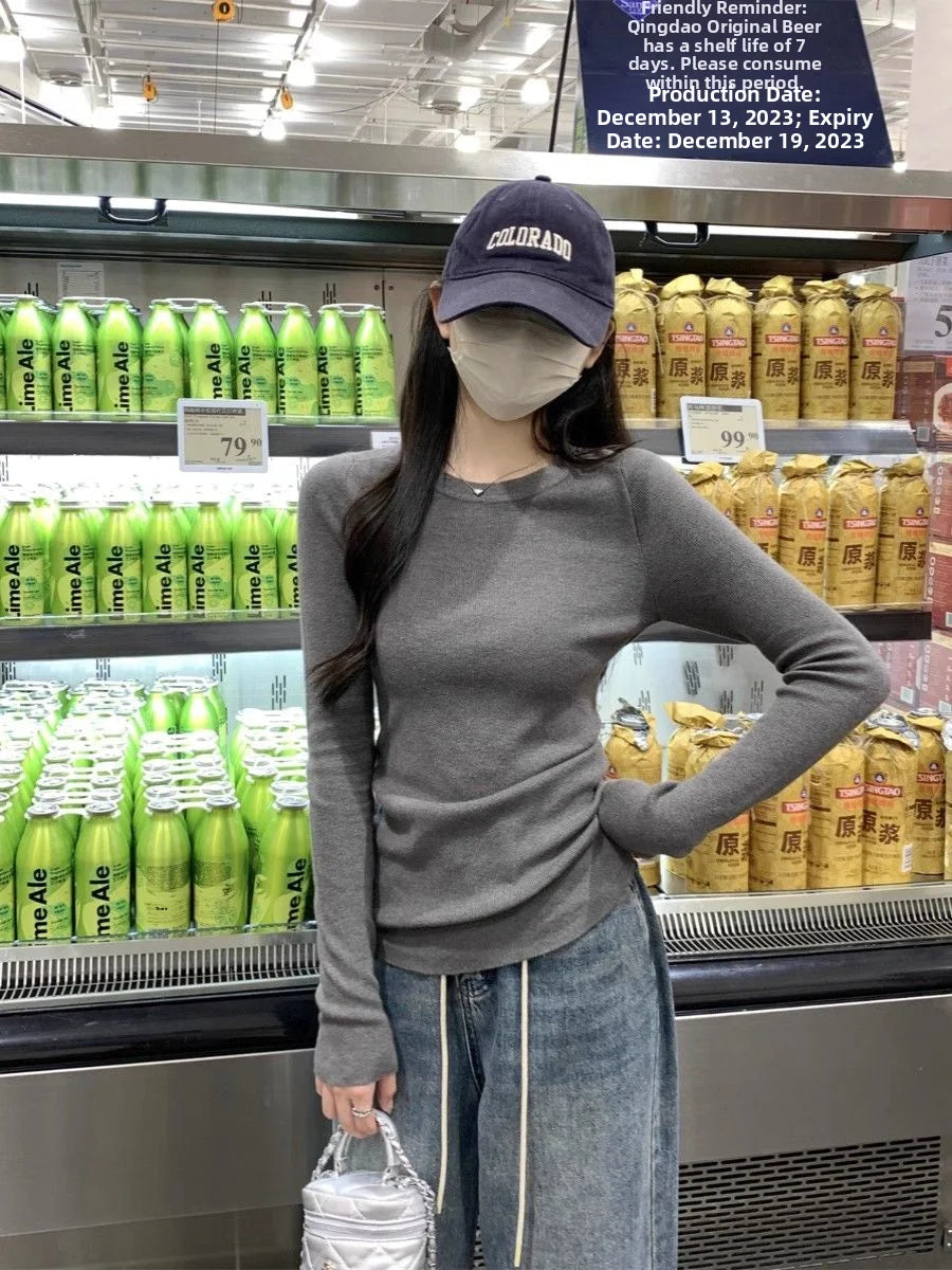Easy Round Neck Long Sleeve Base Layer Top – Women’s Slim Fit Korean Style Inner Wear T-Shirt for Commute & Daily Wear