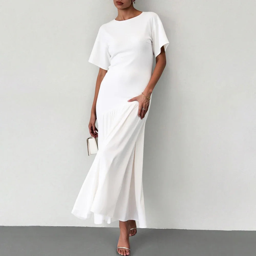 2025 Women's Evening Dress 👗 Must-Have White Maxi Gown 🌟 Short Sleeve Round Neck Lettuce Trim Elegant Party Dress ✨