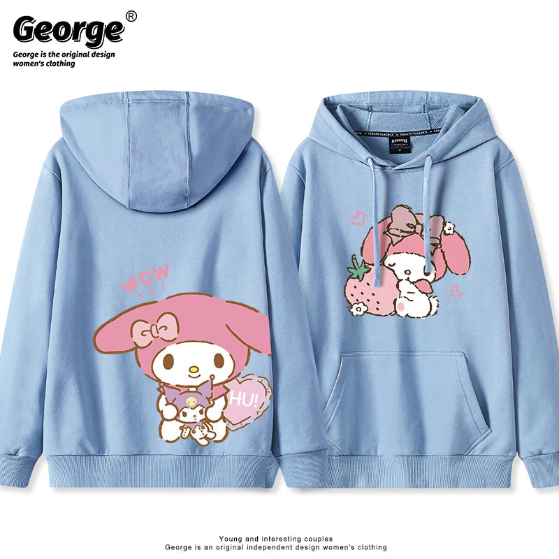 Japanese Retro My Melody Hoodie – Soft Strawberry Print Loose Casual Cute Girl Top 🍓🎀