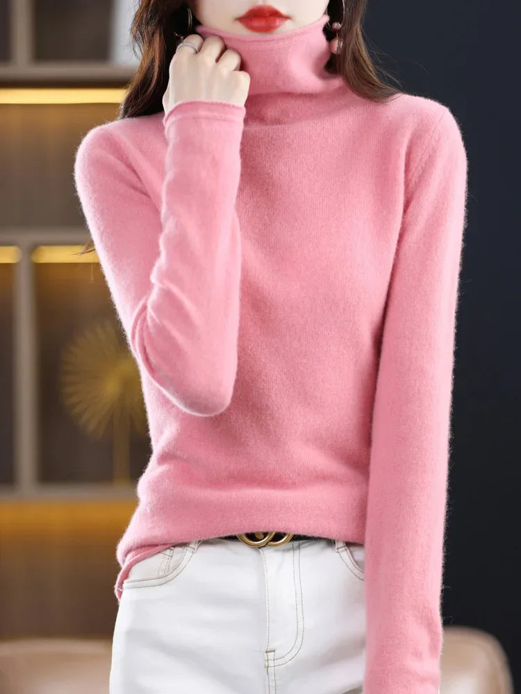 Women’s 100% Merino Wool Sweater – Autumn Winter Pile Collar Pullover Knitwear 🧶🍂