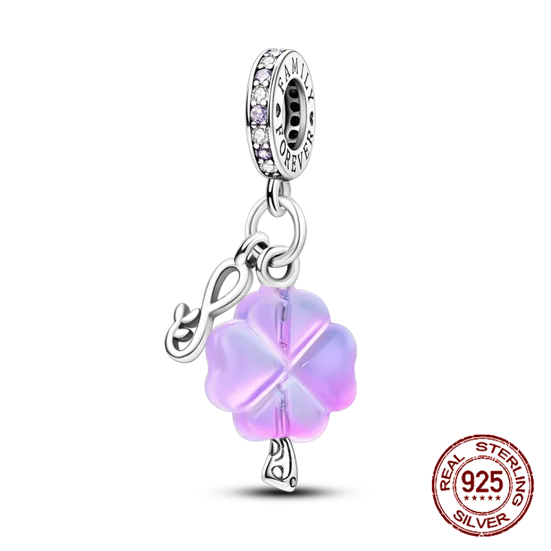 925 Sterling Silver Purple Flower & Butterfly Dangle Charm | Bead for 4MM Bracelet or Necklace DIY Jewelry Gift