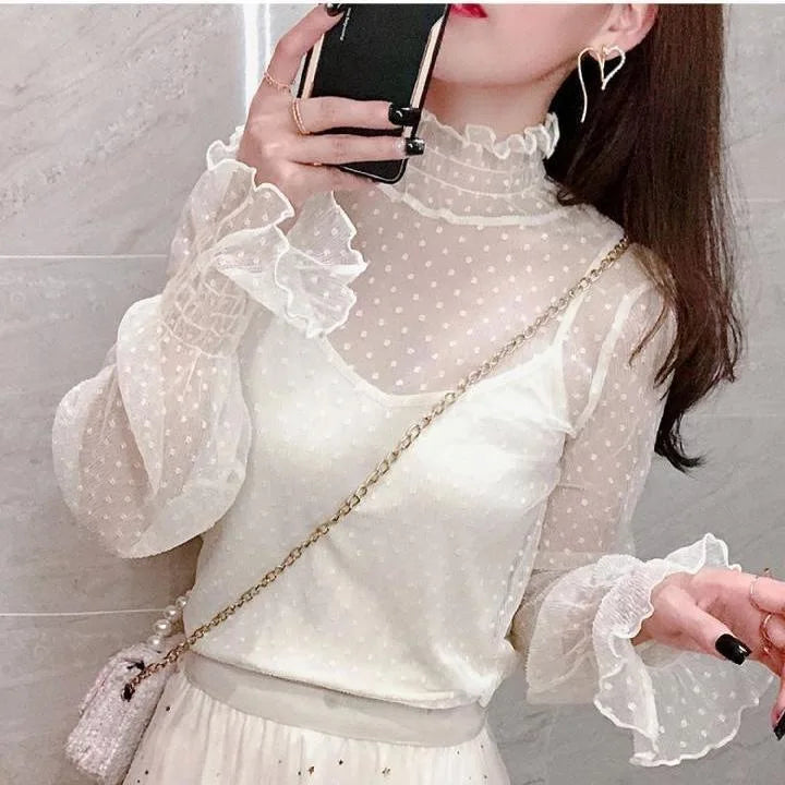 Women’s Lace Base Mesh Top – Autumn Winter Fairy Bell Sleeve Polka Dot Inner Shirt ✨❄️