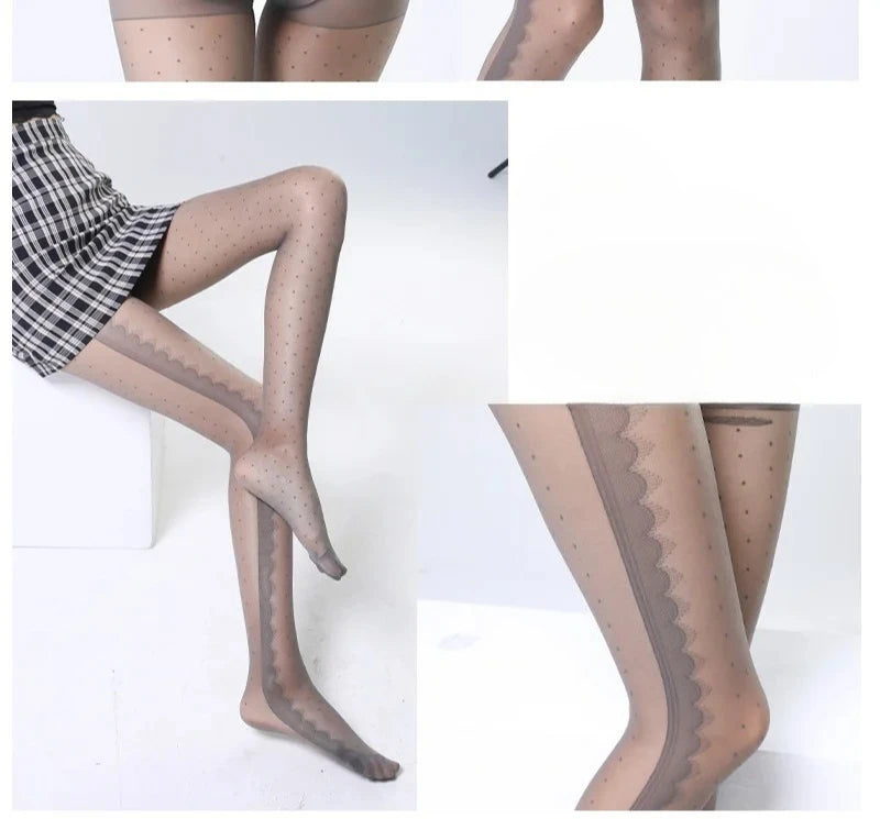 Women's Striped Lace Tights – Sheer Jacquard Dot Pantyhose with Side Seam Detail, 20 Denier for Transitional Seasons