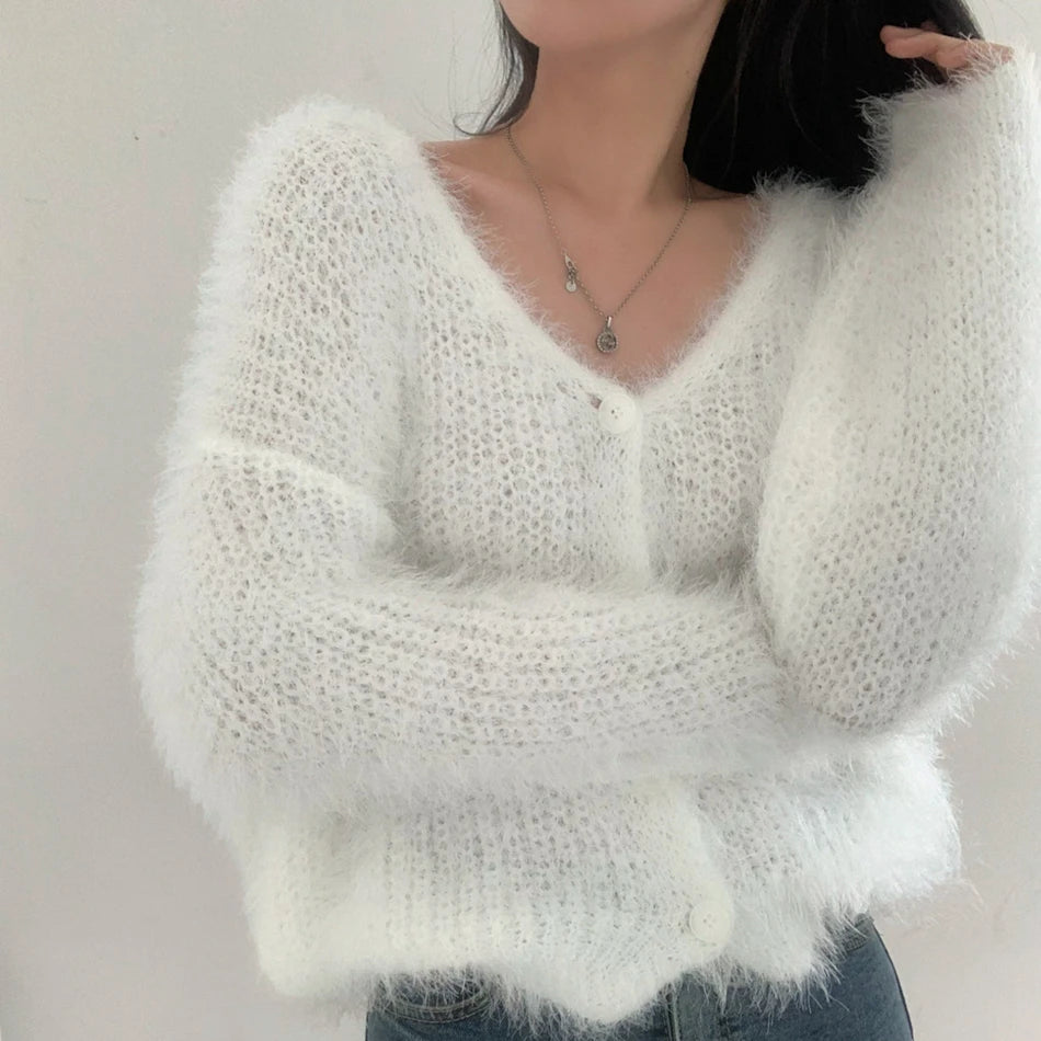 Chic V-Neck Knitted Sweater Coat for Women 🧥✨ Faux Fur Lazy Style Cardigan 💖 Autumn Winter Fashion Outerwear