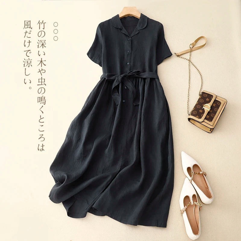 Pure Linen Shirt Dress – Women's Summer Lightweight Breathable Long Dress, Loose Plus Size with Slimming Belt