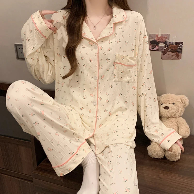 🌸 Pink Bow Pajamas Set for Women 💖 Long Sleeve Top & Elastic Waist Pants 🛌 Harajuku Style Casual Home Wear