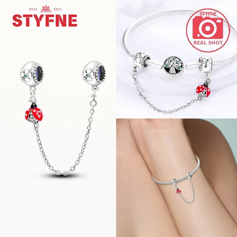 S925 Silver Cute Cat Heart Bead Safety Chain Fit Original Bracelet