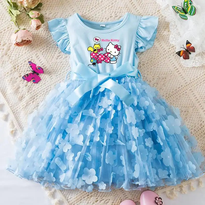 Hello Kitty Girls Tulle Flower Princess Dress | Wedding & Party Tutu Dress | Sleeveless Birthday Gift Outfit