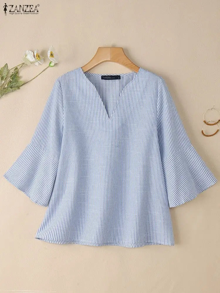 2025 ZANZEA Women’s Office Striped Blouse – Autumn V-Neck 3/4 Sleeve Casual Work Shirt 👚🍂