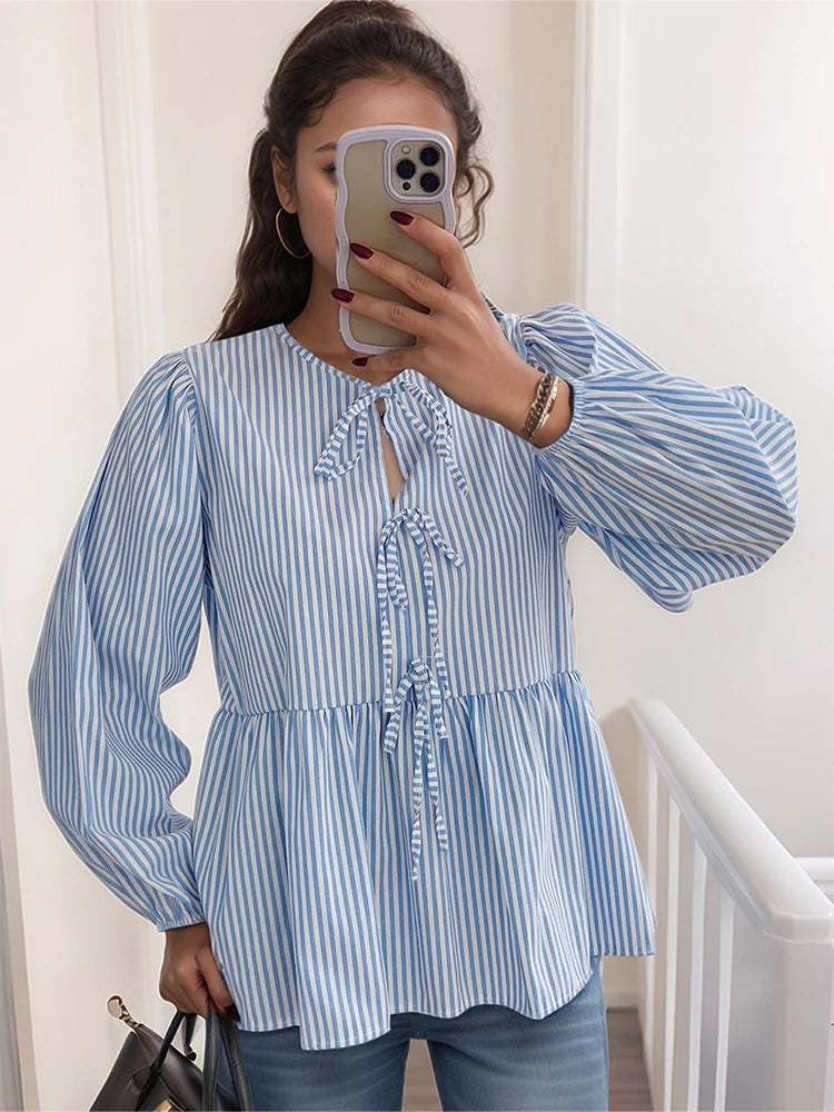 2025 Women’s Casual Striped Tie-Front Long Sleeve Shirt – Loose Fit Everyday Top 👚✨