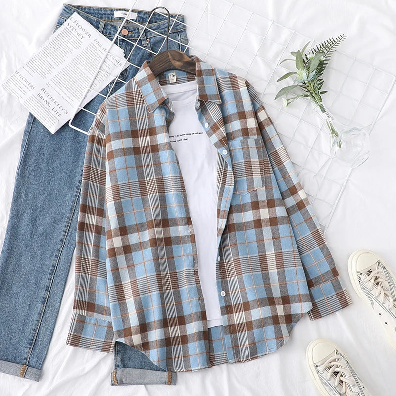 Fresh Flannel Plaid Shirt for Women | 2025 Loose Cotton Long Sleeve Casual Blouse & Top