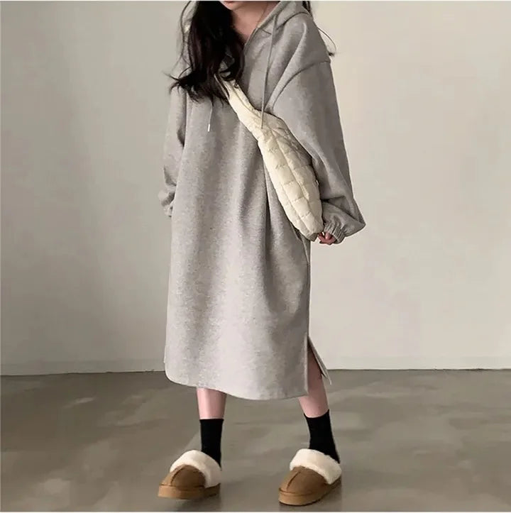 Chic Winter College Long Hoodie Dress ❄️ Lazy Fleece A-Line Side Slit Dress 👗 Pure Color Polyester Fiber 🧵