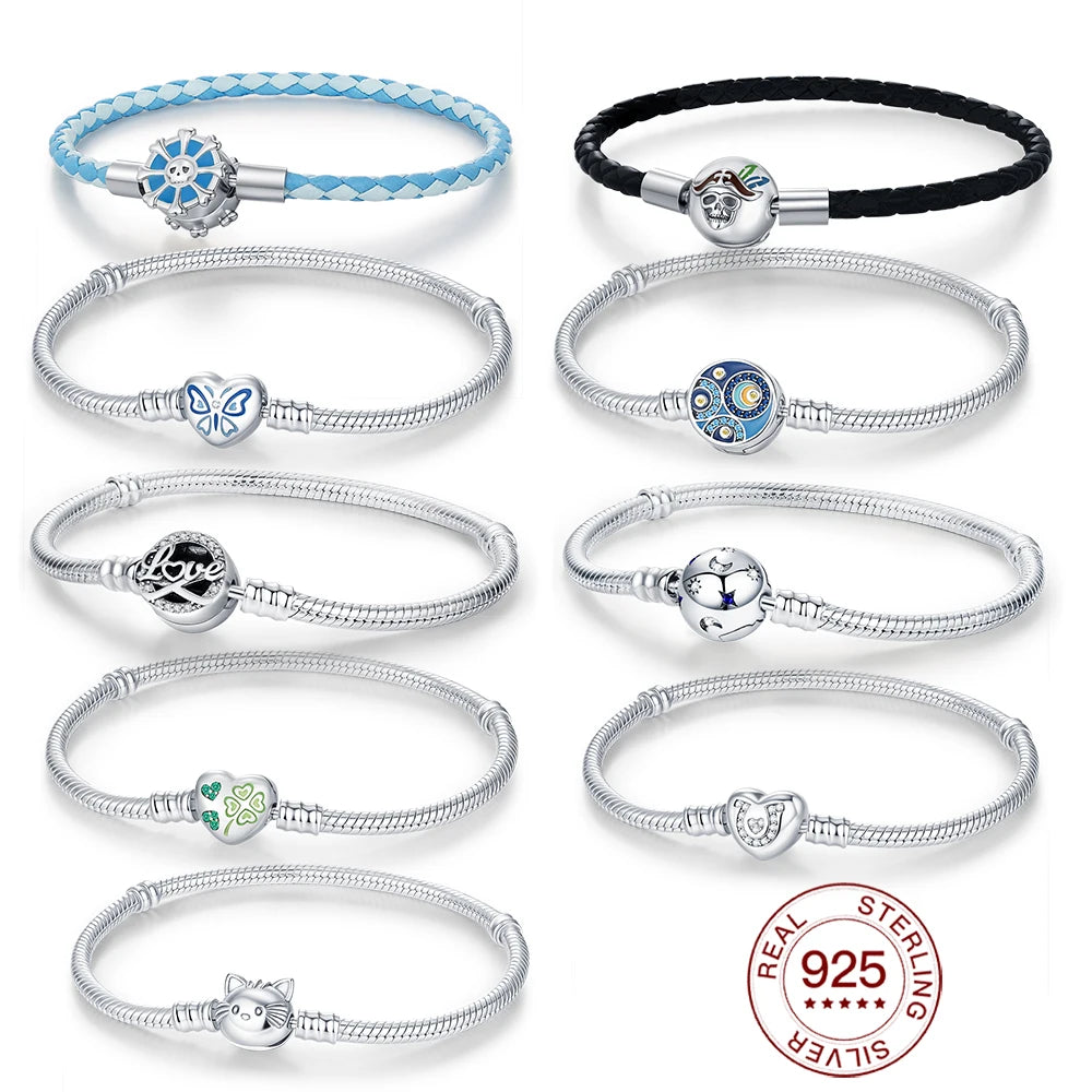 925 Sterling Silver Drop Rubber Bracelet | Love Butterfly & Clover Charm for Women’s DIY Jewelry & Gift