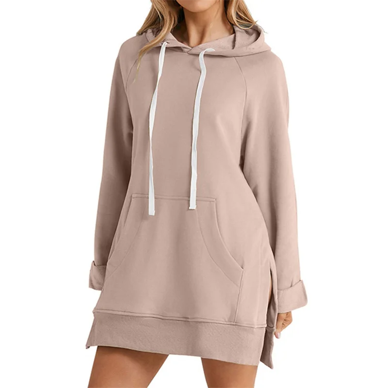 Women’s Hoodie Dress | Loose Mid-Length Pullover | Slit Hem Hooded Top with Pocket