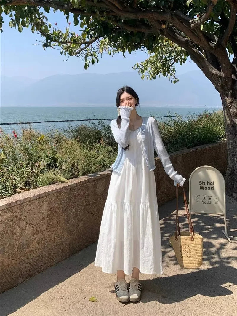 Summer 2025 Women’s Pure Cotton White Strap Dress with Long Sleeve Ice Silk Knitted Sun Protection Cardigan Set – Elegant Fashion