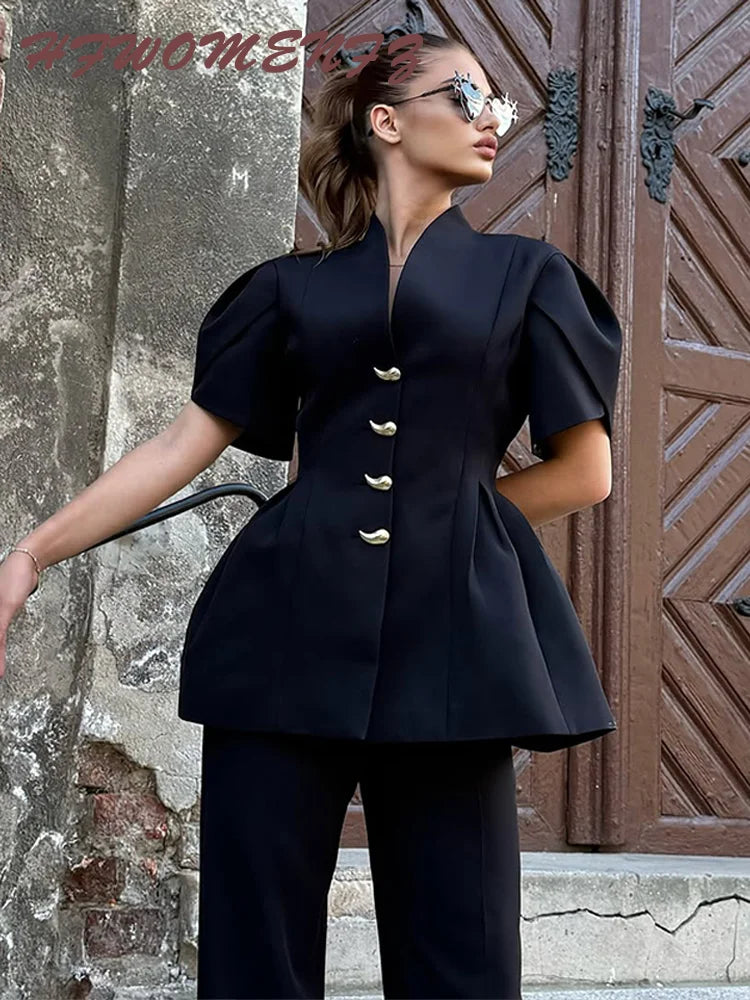 Elegant Chic Women’s 2-Piece Pants Suit – Short Puff Sleeve Single-Breasted Shirt & Straight Flare Pants 2026 Spring 🌿✨