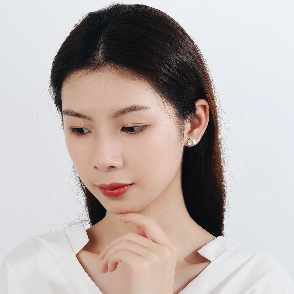 Real Pure 925 Sterling Silver Rainbow Stud Earrings for Women & Girls – Cute Korean Japanese Style