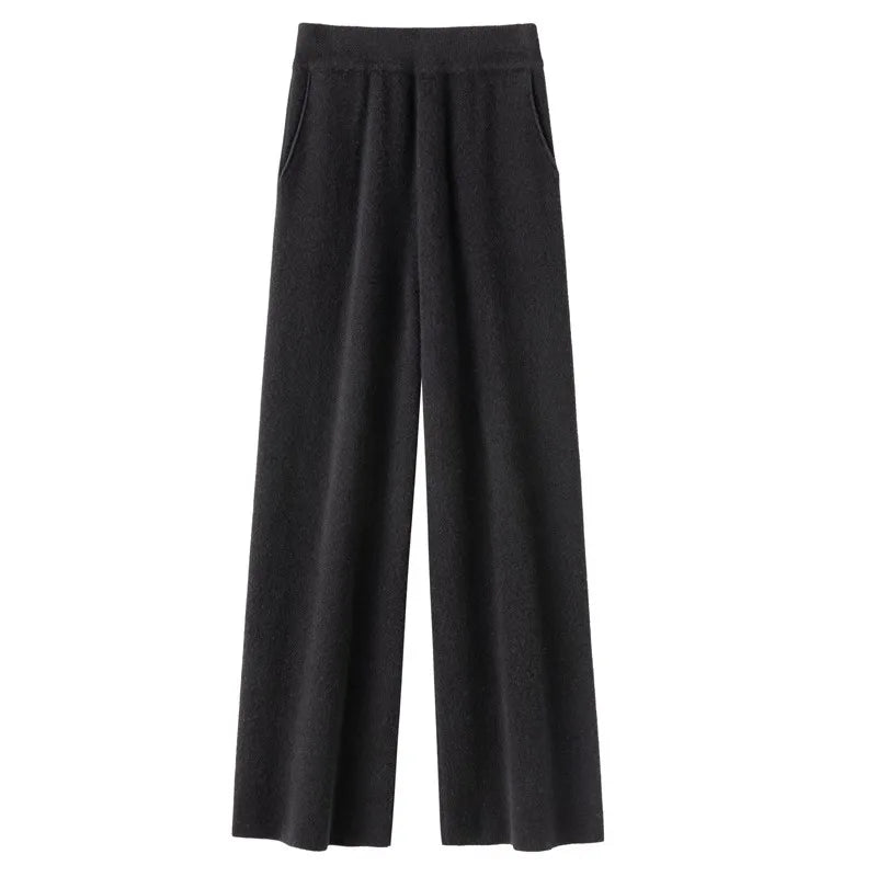 Elegant Women’s High Waist Wide-Leg Pants – Baggy Straight Knitted Trousers with Pockets