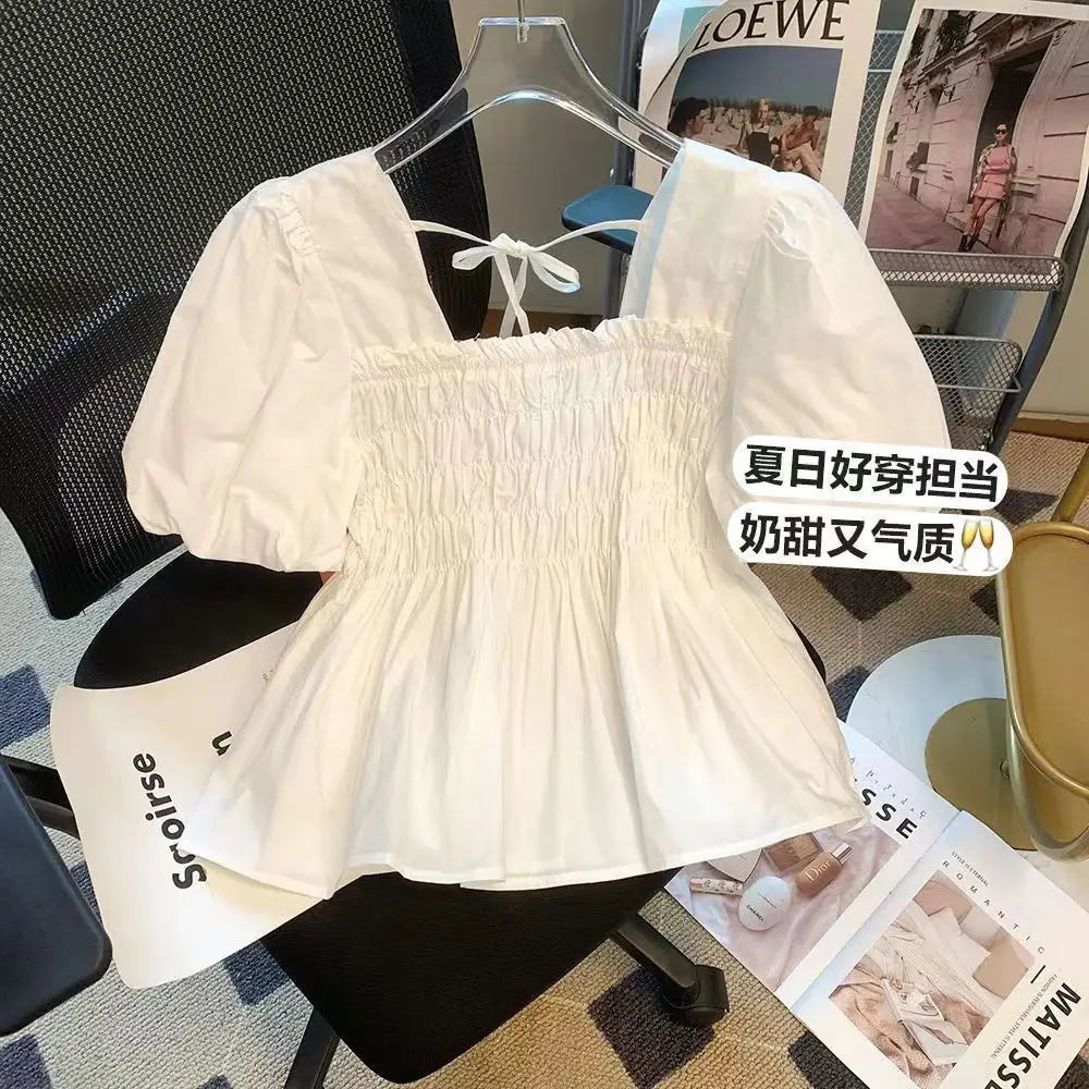 ☀️ Summer 2025 New Square Collar Pleated Short Sleeve Doll Shirt 👚 Women’s Small Size Bubble Sleeve Chiffon Blouse Top 🌸