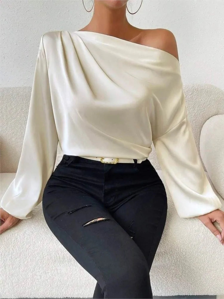 2025 Women’s One-Shoulder Elegant Blouse – Sexy Solid Color Long Sleeve Foreign Style Top 👚✨