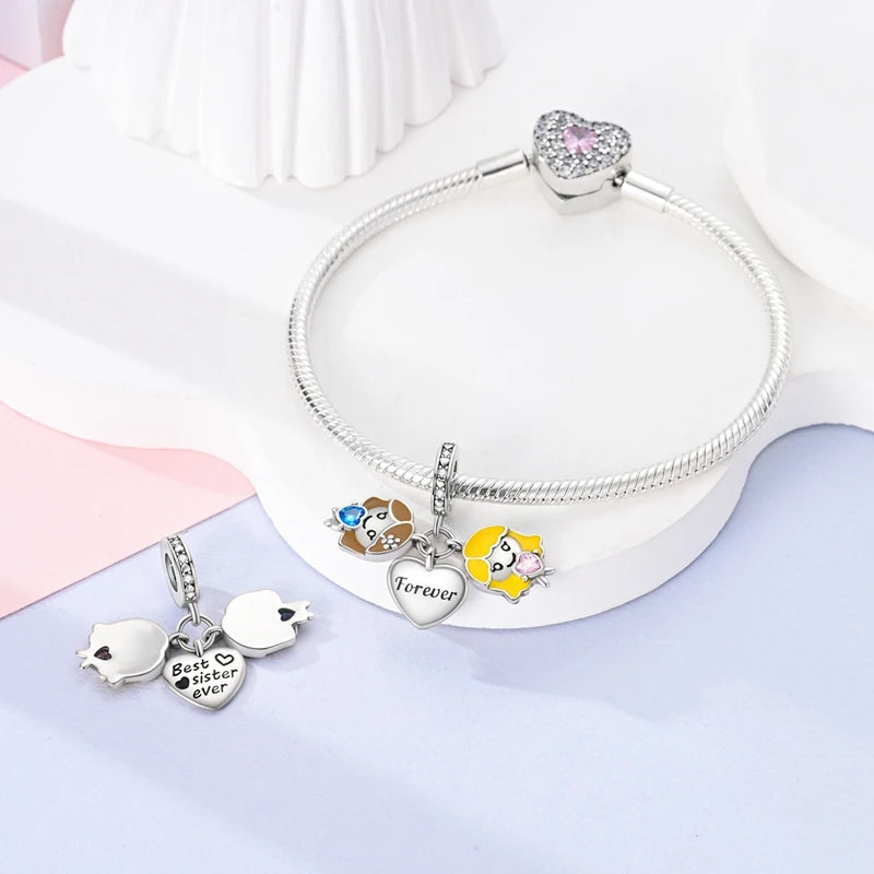 925 Sterling Silver Sweetheart Sister Charm | Fit Original Pandora & 3mm Bracelets DIY Jewelry Gift for Women