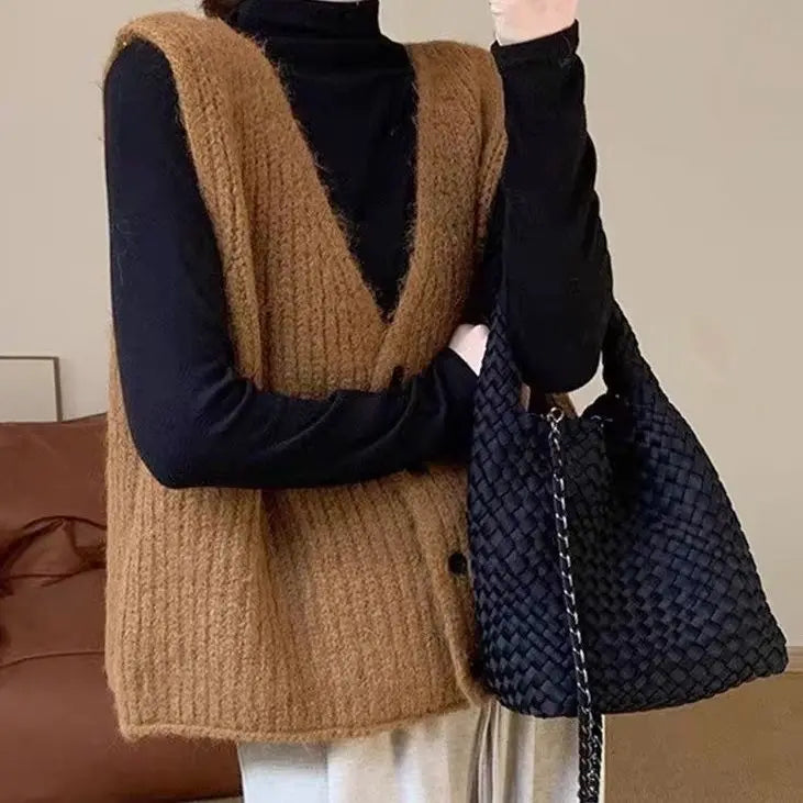 2025 Women’s V-Neck Wool Vest | Grey Loose Knit Cardigan | Autumn Winter Thick Sweater Fashion