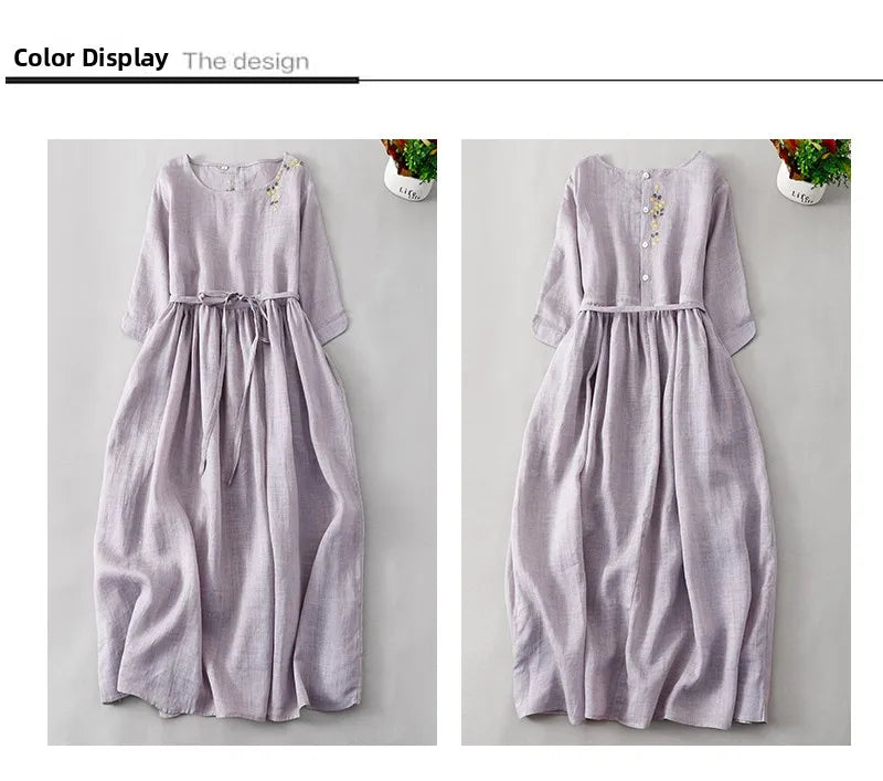 Elegant Embroidered Cotton Linen Long Dress – Women's Loose Waist Slimming Age-Defying Skirt, Spring, Summer & Autumn Fashion