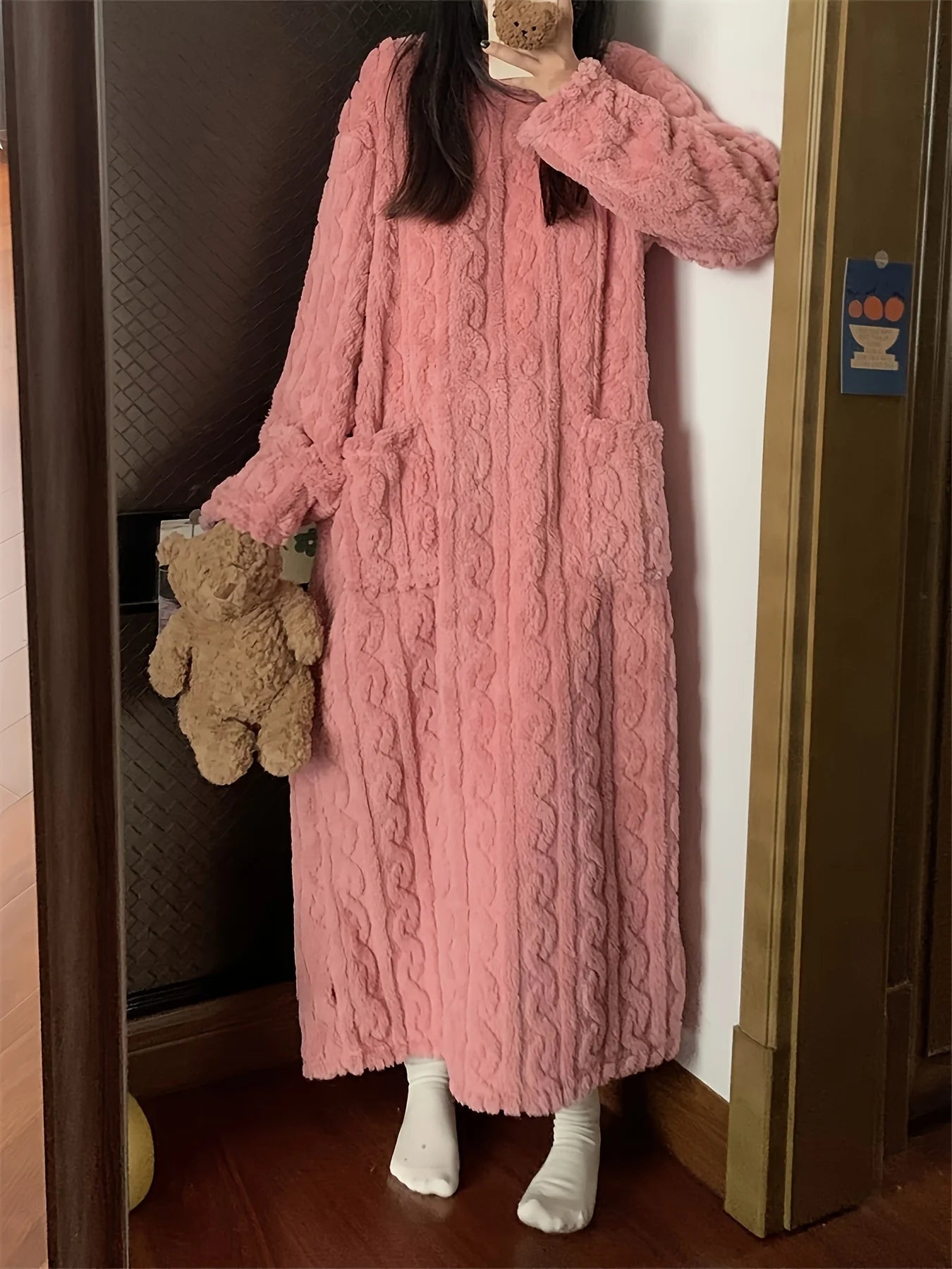 Comfortable Velvet Jacquard Home Dress – Warm Thick Long-Sleeve Round-Neck Loose Loungewear for Women