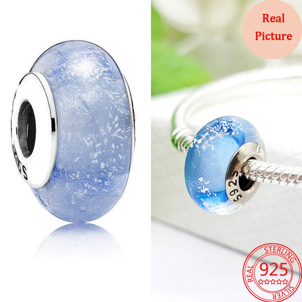 925 Sterling Silver Murano Glass Galaxy & Clover Heart Beads | Fit Pandora Bracelet DIY Jewelry Gift for Mum