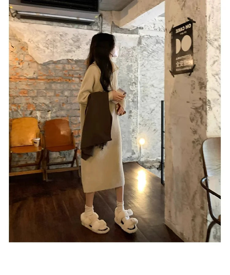 2025 Spring Autumn Knitted Midi Dress for Women | Long Sleeve Loose Fit Base Layer Straight Cut Polyester Dress