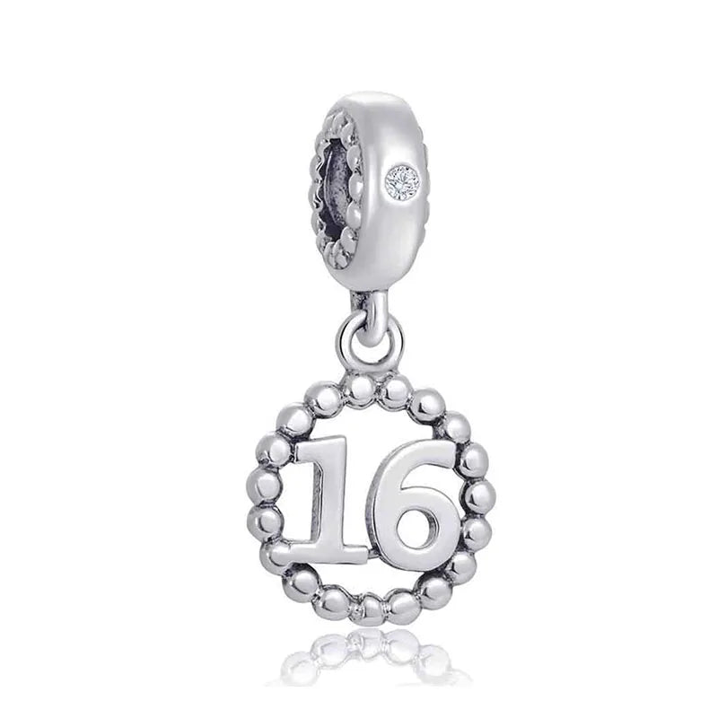 925 Silver Lucky Number Charms 16, 18, 21, 40 – Anniversary & Birthday DIY Bracelet Beads