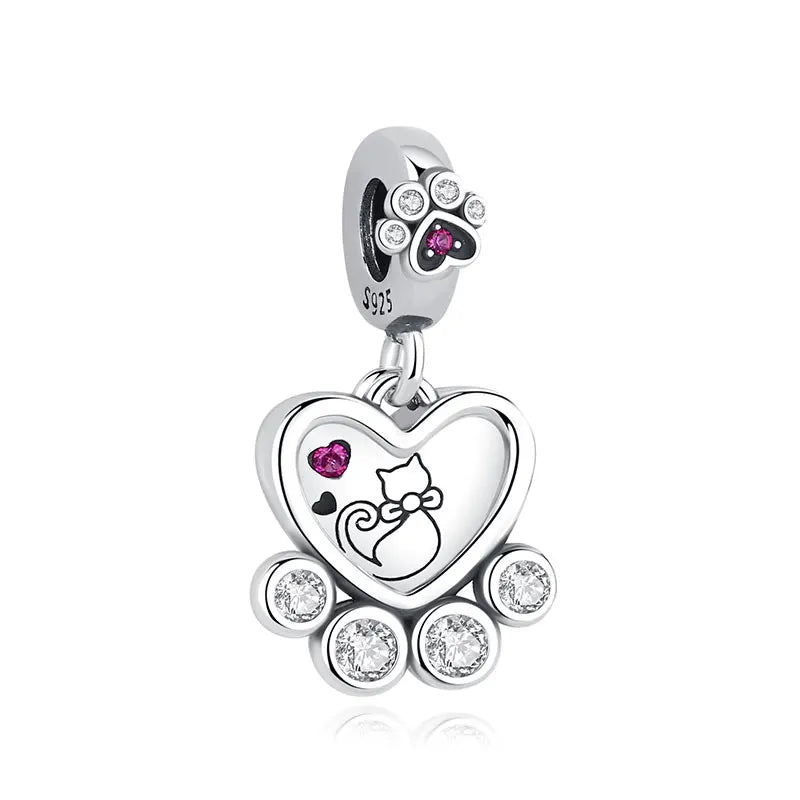 925 Sterling Silver Love Pets Dog Cat Paw Print Charm Beads for Women