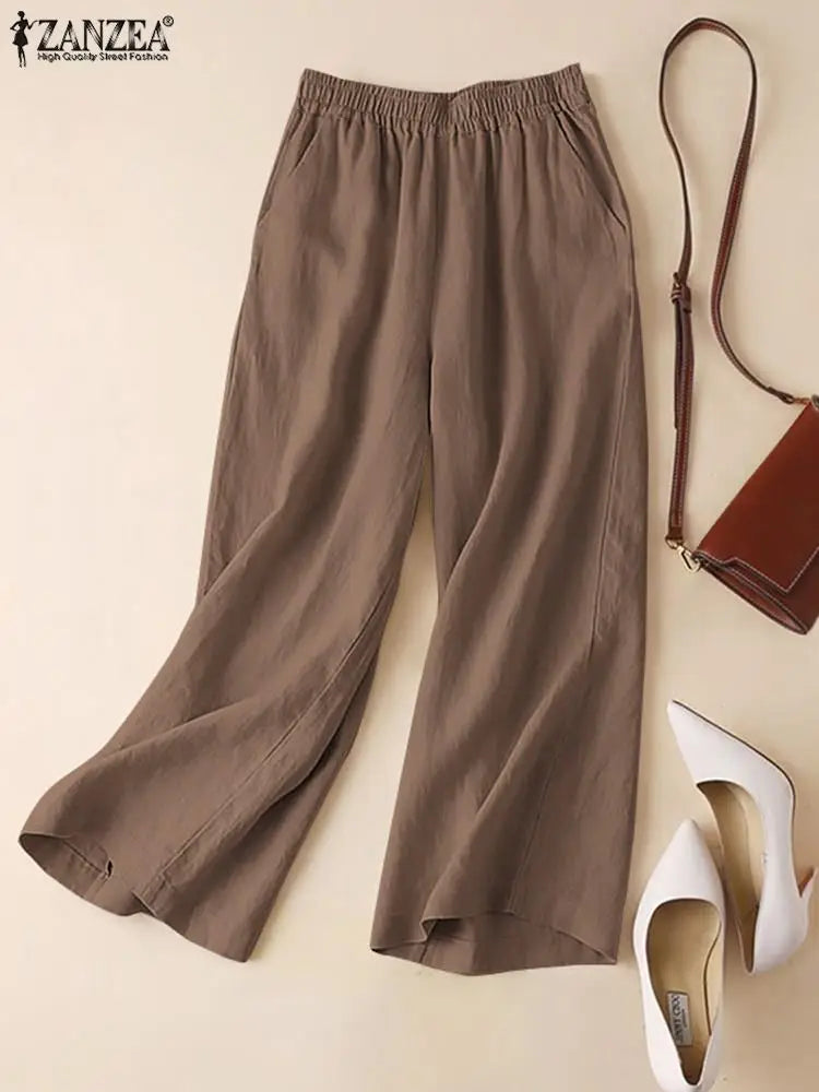 ZANZEA 2025 Women’s Cotton Linen Wide-Leg Pants | Summer Casual Elastic Waist Palazzo Trousers