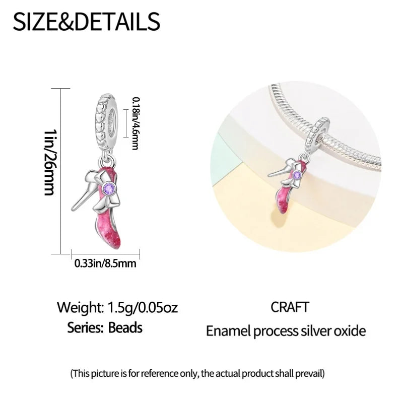 925 Sterling Silver Romantic Princess Charm Beads – Pink Dress, Lipstick & Dancing Shoes Fit 3MM Bracelet