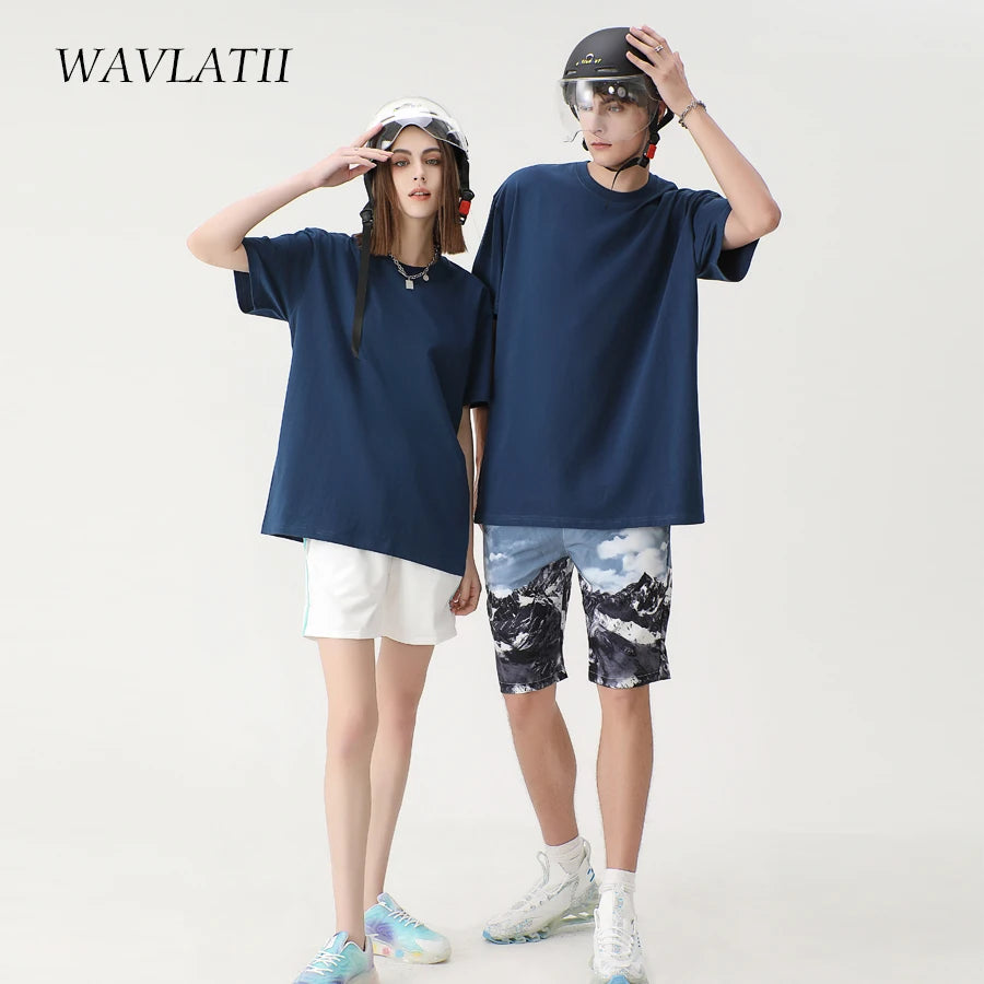WAVLATII 100% Cotton Solid T-Shirts for Women | Oversized Casual Summer Tees | Pink & White Short Sleeve Tops WT2401
