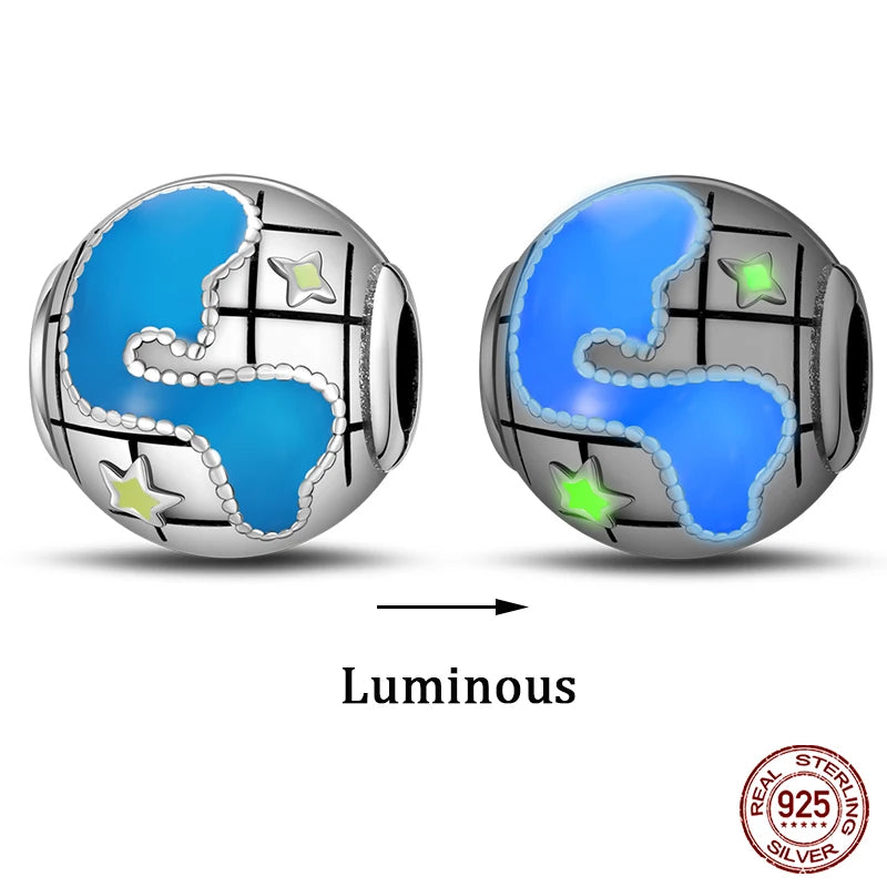 925 Sterling Silver Luminous Butterfly Star Moon Charm Bead | Round Clasp Bead for 3mm DIY Bracelet Jewelry Gift