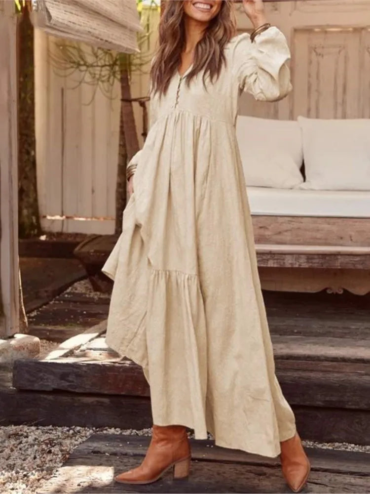 New Autumn Winter Women’s Long Dress – Retro V-Neck Button Long Sleeve Cotton Dress | Wide Swing Casual Fashion